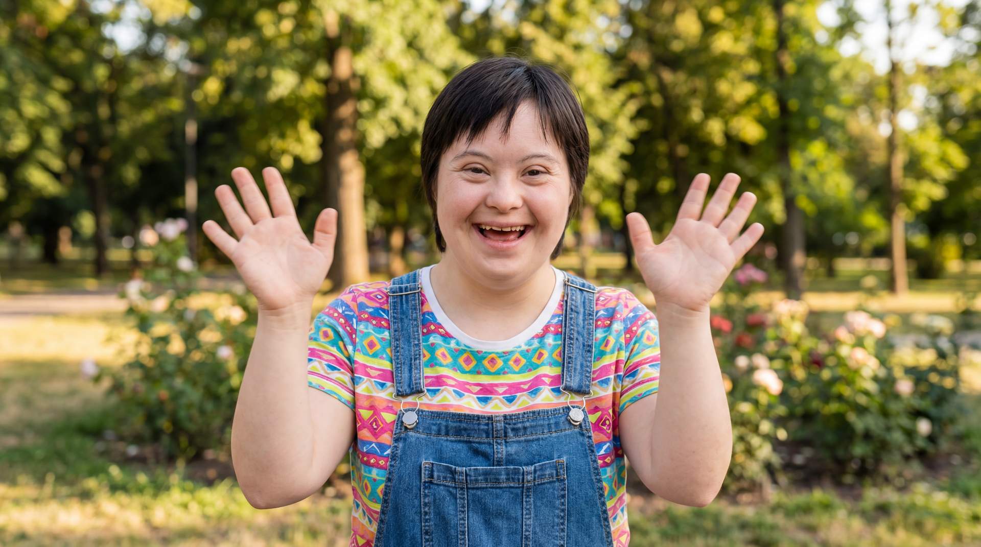 A person smiling while looking at a tablet.